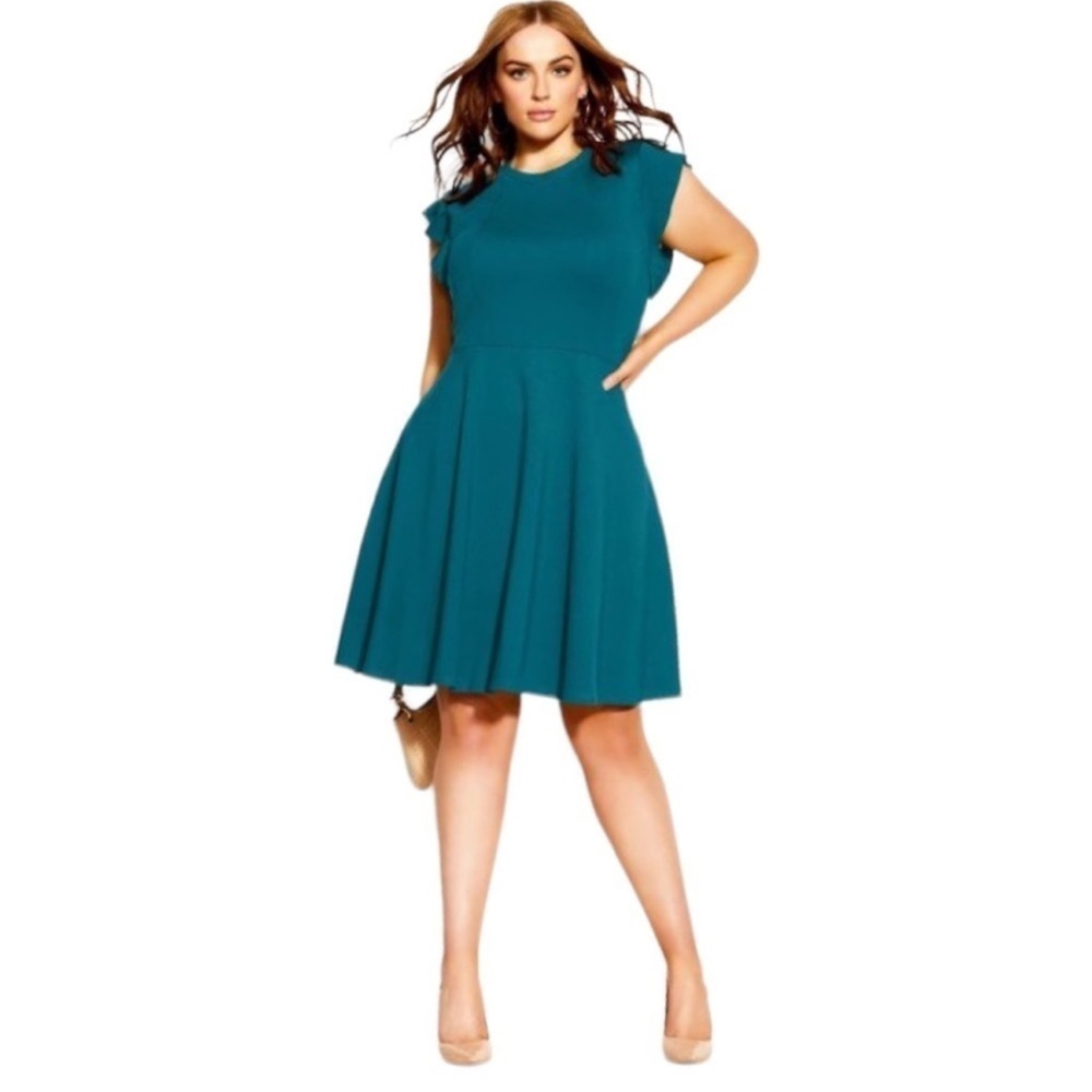 NWT City Chic‎ Frill Shoulder Dress Teal Size L (20) Feminine Minimalist Chic